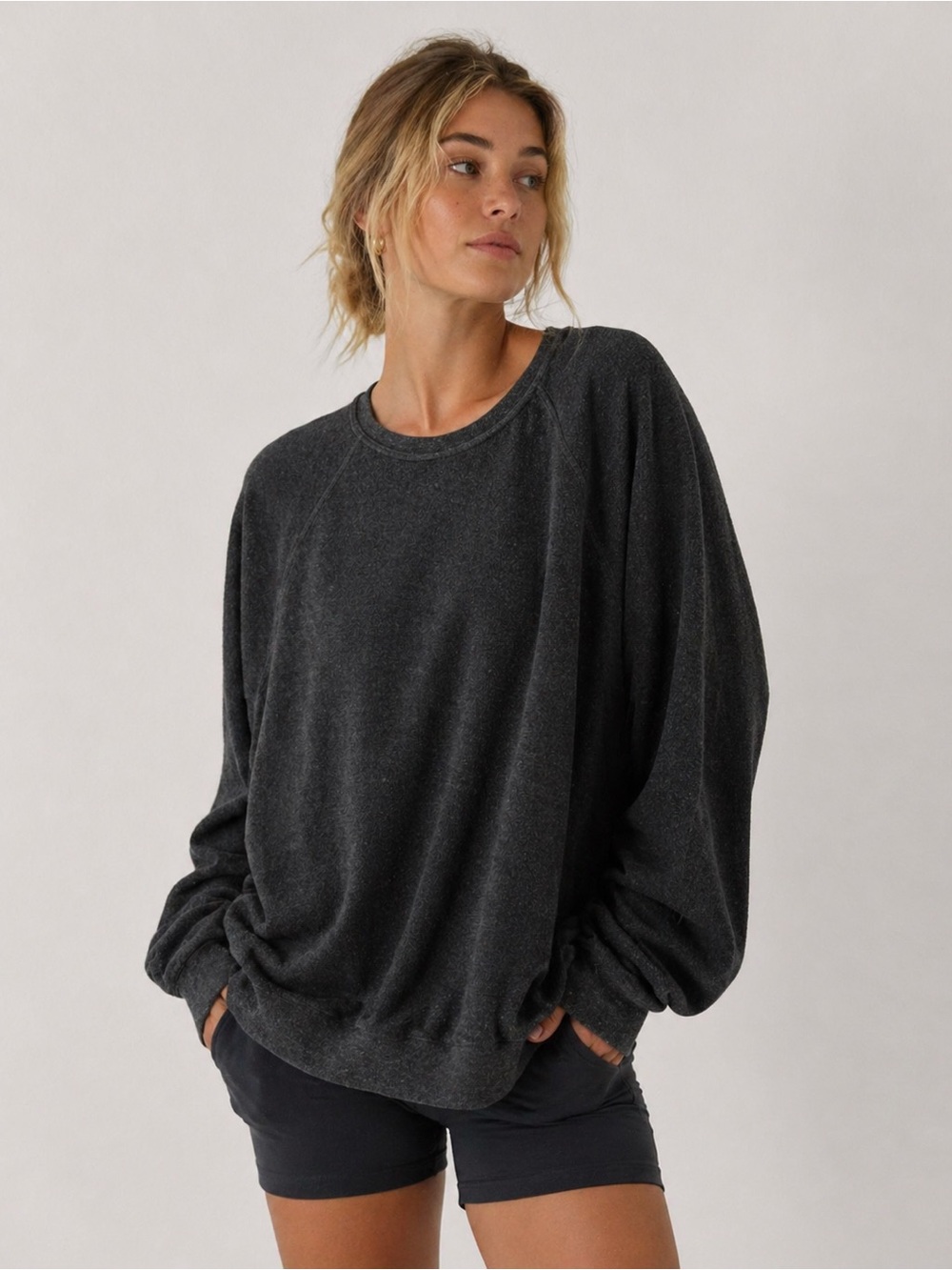 Alo Yoga Inside Out Fleece Crewneck Sweatshirt Black Grey W/ Zip Pockets Large